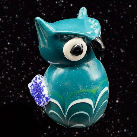 Art Glass Owl Figurine Paperweight Pulled Feather Glass Cased Bird Blue Fritz - Picture 12 of 14